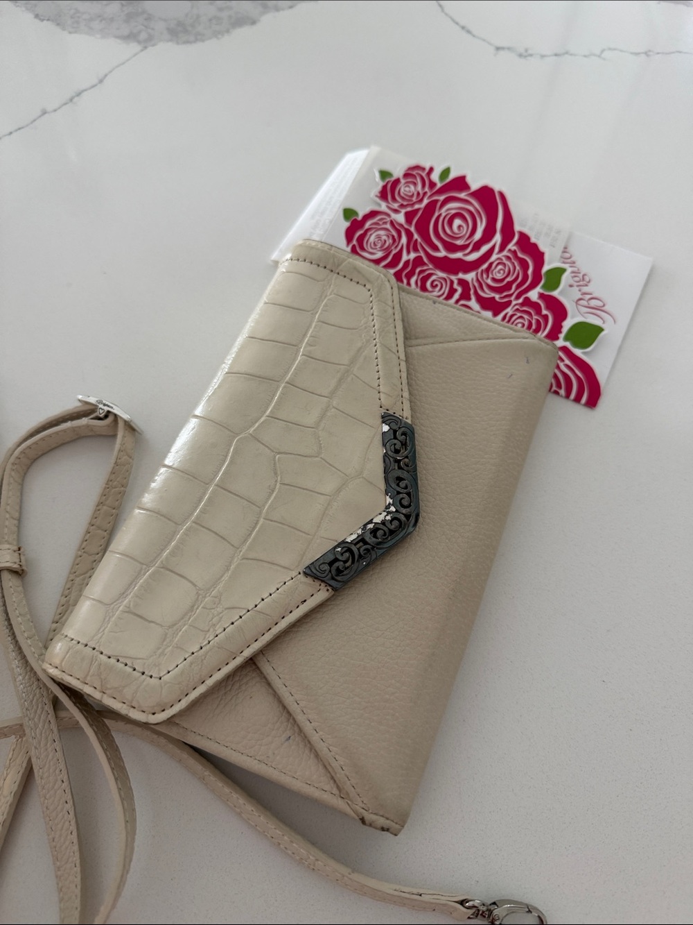 Brighton Cream Croc-Texture Envelope Clutch with Decorative Metal Corner